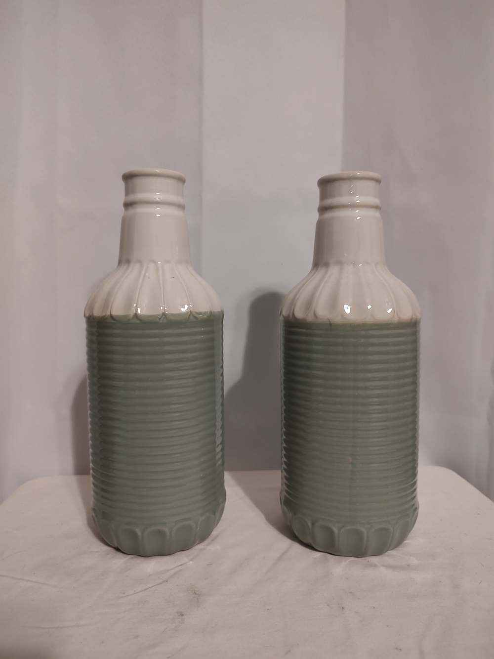Ceramic Two-Tone Sage Green and Cream Decorative Vases - Set of 2